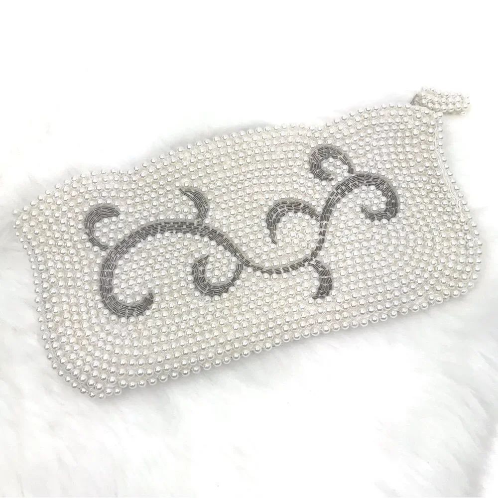 Vintage Pearl Beaded  White Silver Vintage Clutch Bag